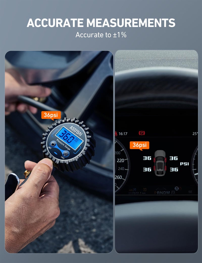 AstroAI Digital Tire Pressure Gauge with Inflator(3-250 PSI 0.1 for Display Resolution), Heavy Duty Air Chuck and Compressor Accessories with Rubber Hose and Quick Connect Coupler, Blue - Image 2