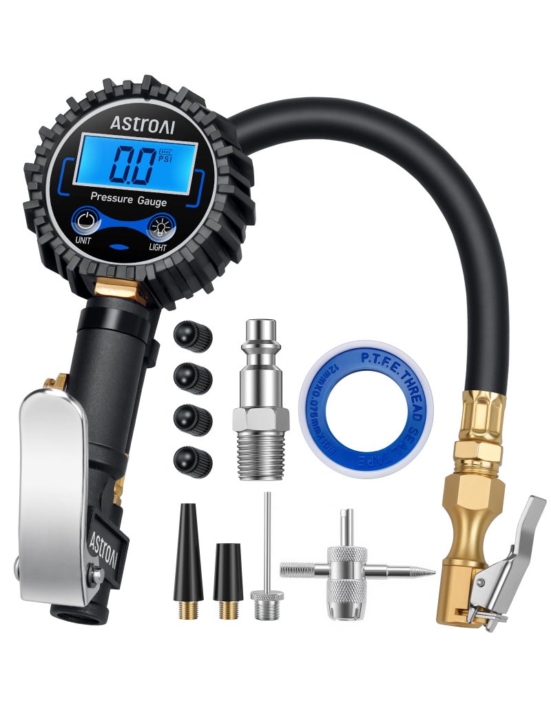 AstroAI Digital Tire Pressure Gauge with Inflator(3-250 PSI 0.1 for Display Resolution), Heavy Duty Air Chuck and Compressor Accessories with Rubber Hose and Quick Connect Coupler, Blue - Image 1