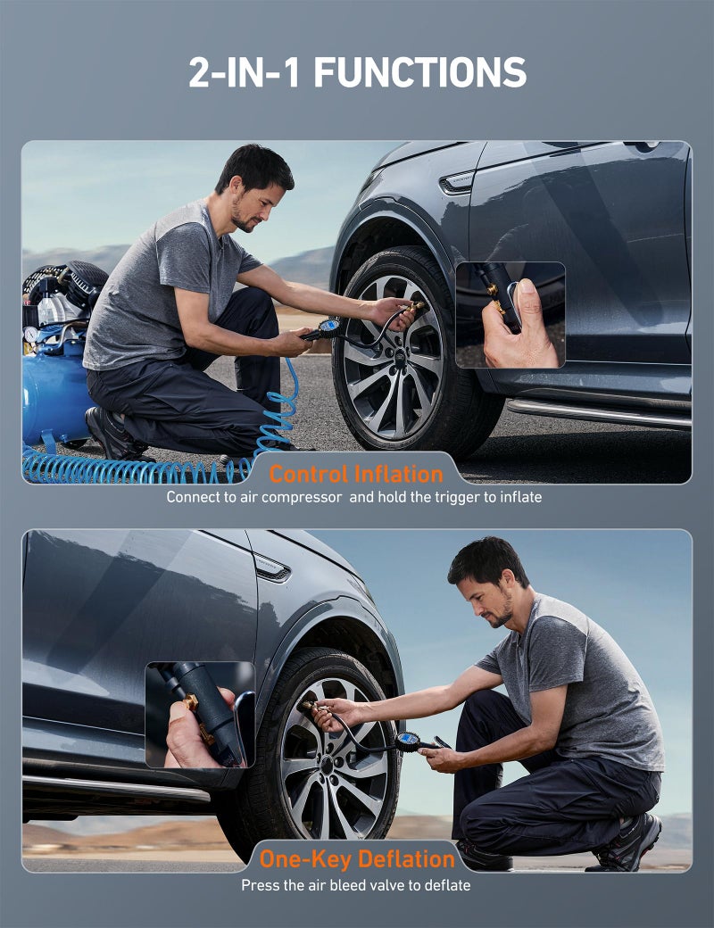 AstroAI Digital Tire Pressure Gauge with Inflator(3-250 PSI 0.1 for Display Resolution), Heavy Duty Air Chuck and Compressor Accessories with Rubber Hose and Quick Connect Coupler, Blue - Image 3