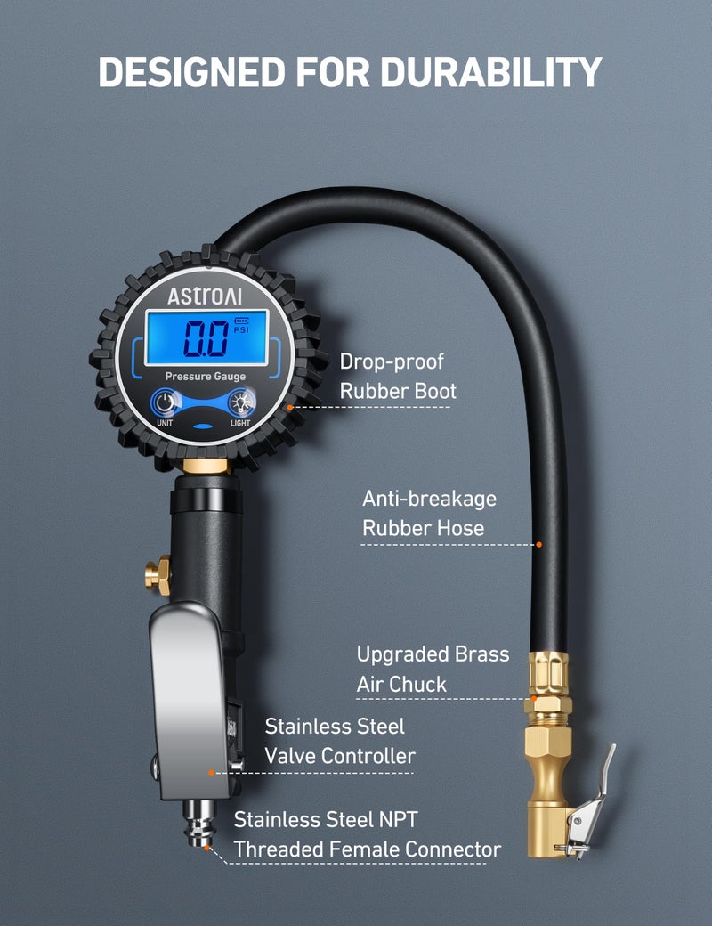 AstroAI Digital Tire Pressure Gauge with Inflator(3-250 PSI 0.1 for Display Resolution), Heavy Duty Air Chuck and Compressor Accessories with Rubber Hose and Quick Connect Coupler, Blue - Image 4
