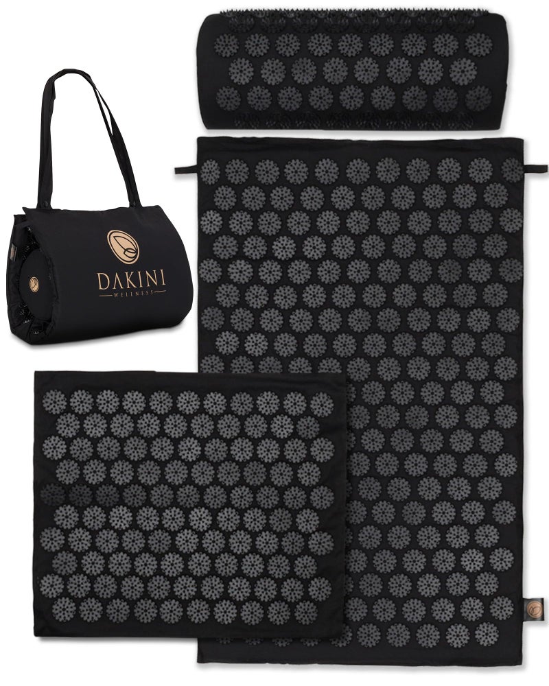 Dakini Acupressure Mat and Pillow Set with Extra Mini Accupressure Massage Pad - Acupuncture Mat Full Body - Accupoint Pad with Pressure Point for Back Pain (Black) - Image 1