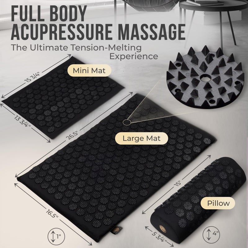 Dakini Acupressure Mat and Pillow Set with Extra Mini Accupressure Massage Pad - Acupuncture Mat Full Body - Accupoint Pad with Pressure Point for Back Pain (Black) - Image 5