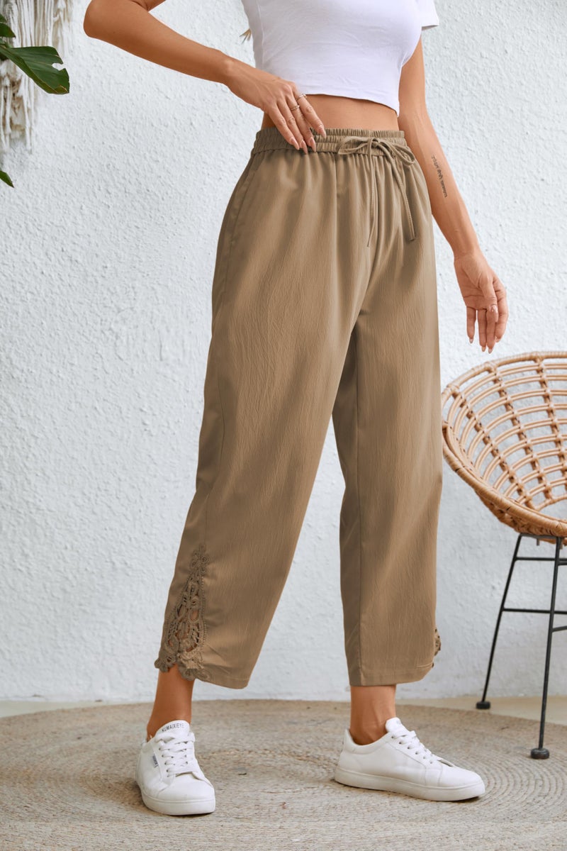 Jokeluck Women Casual Lightweight Drawstring Elastic Waist Cropped Linen Pants Fall Spring Slacks Capri Pants Trendy Fashion 2025 Beach Trousers with Pockets Khaki Large - Image 5