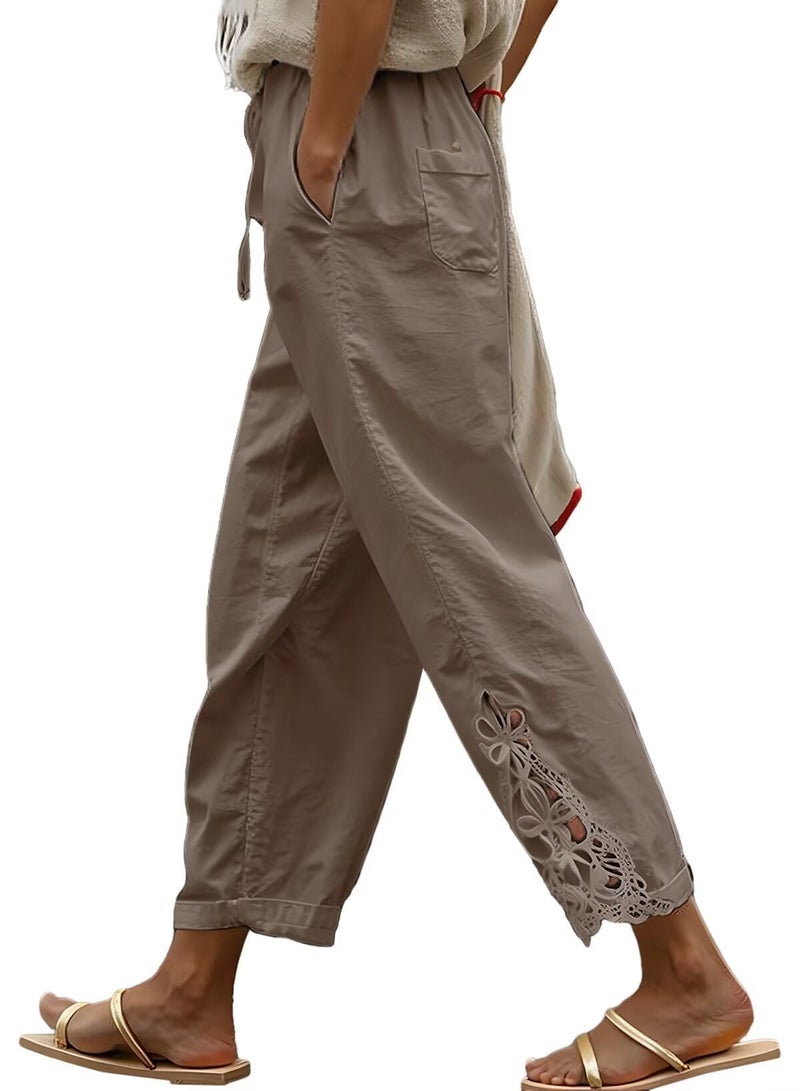 Jokeluck Women Casual Lightweight Drawstring Elastic Waist Cropped Linen Pants Fall Spring Slacks Capri Pants Trendy Fashion 2025 Beach Trousers with Pockets Khaki Large - Image 1