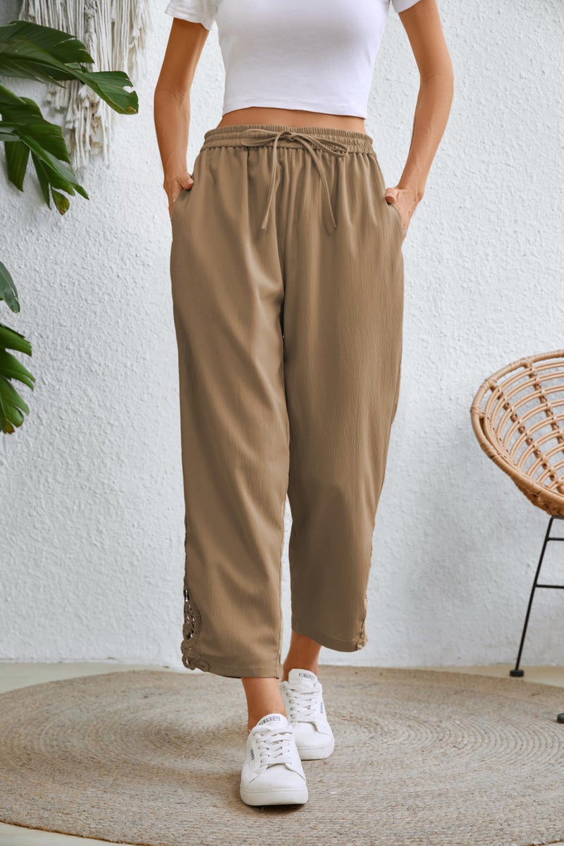 Jokeluck Women Casual Lightweight Drawstring Elastic Waist Cropped Linen Pants Fall Spring Slacks Capri Pants Trendy Fashion 2025 Beach Trousers with Pockets Khaki Large - Image 3