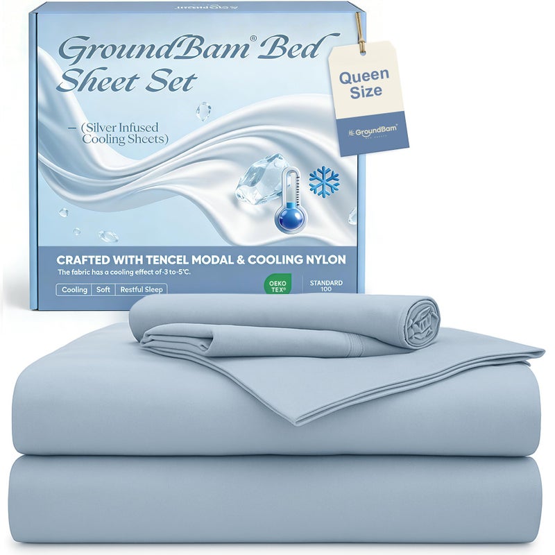GroundBam Silver Infused Bed Sheets Set, Cooling Tencel Sheet with Self-Cleaning Technology for 3X Freshness Sleep, Hypoallergenic & Breathable sheet Perfect for Hot Sleepers & Sensitive Skin (Blue, Queen ) - Image 1