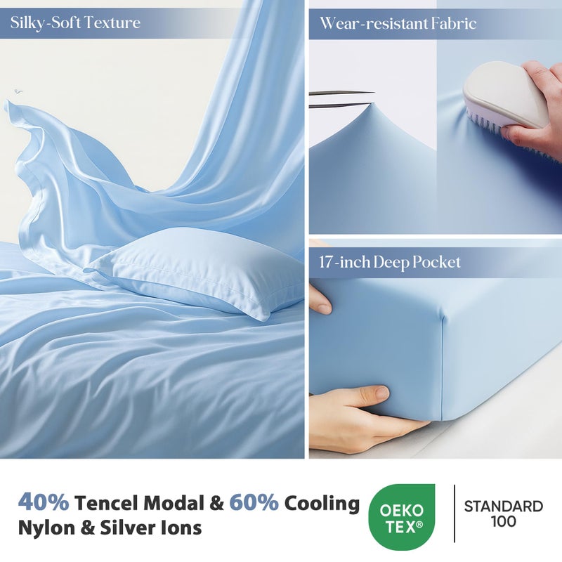 GroundBam Silver Infused Bed Sheets Set, Cooling Tencel Sheet with Self-Cleaning Technology for 3X Freshness Sleep, Hypoallergenic & Breathable sheet Perfect for Hot Sleepers & Sensitive Skin (Blue, Queen ) - Image 5