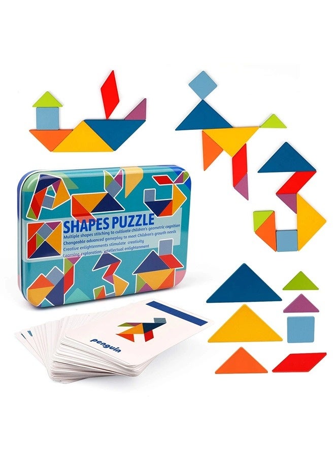 ShebSheb أطقم تانغرام الخشبية، كتل الأنماط، بطاقات الأشكال، ألغاز تحدي العقل، لعبة تعليمية، ألعاب سفر للأطفال من عمر 3 سنوات فما فوق، أساسيات الرحلات البرية - Image 1