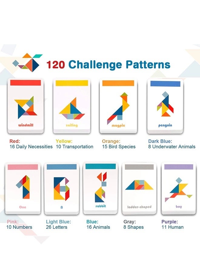 ShebSheb أطقم تانغرام الخشبية، كتل الأنماط، بطاقات الأشكال، ألغاز تحدي العقل، لعبة تعليمية، ألعاب سفر للأطفال من عمر 3 سنوات فما فوق، أساسيات الرحلات البرية - Image 3