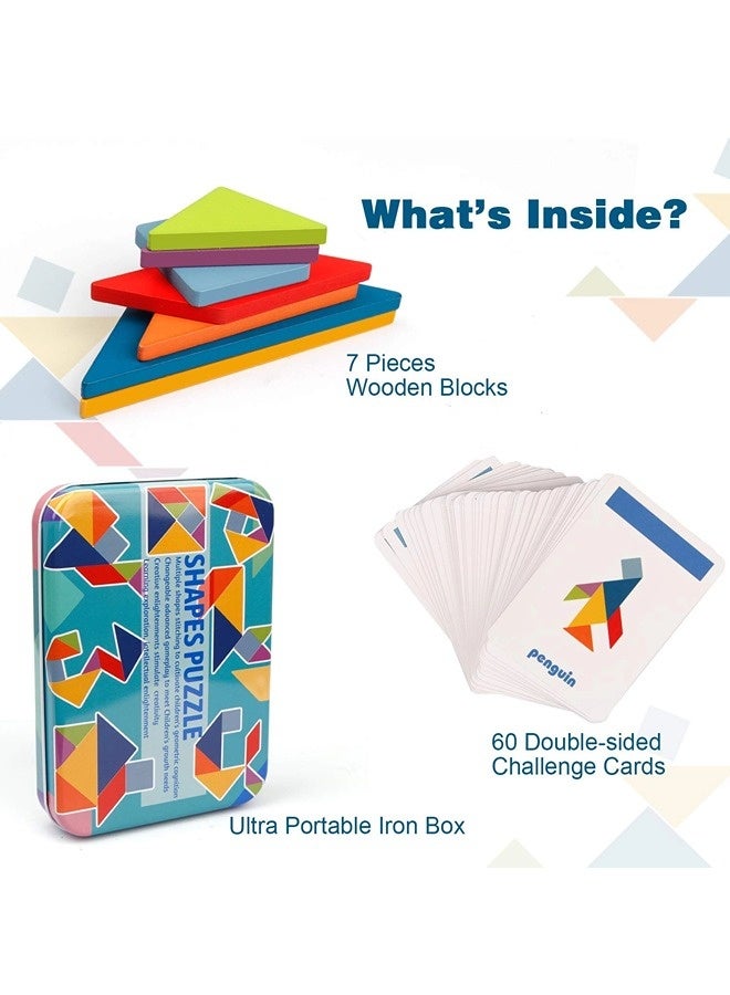 ShebSheb أطقم تانغرام الخشبية، كتل الأنماط، بطاقات الأشكال، ألغاز تحدي العقل، لعبة تعليمية، ألعاب سفر للأطفال من عمر 3 سنوات فما فوق، أساسيات الرحلات البرية - Image 2