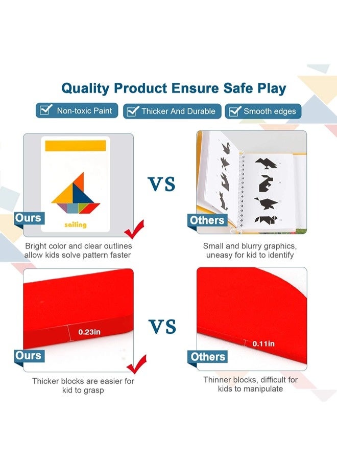 ShebSheb أطقم تانغرام الخشبية، كتل الأنماط، بطاقات الأشكال، ألغاز تحدي العقل، لعبة تعليمية، ألعاب سفر للأطفال من عمر 3 سنوات فما فوق، أساسيات الرحلات البرية - Image 4