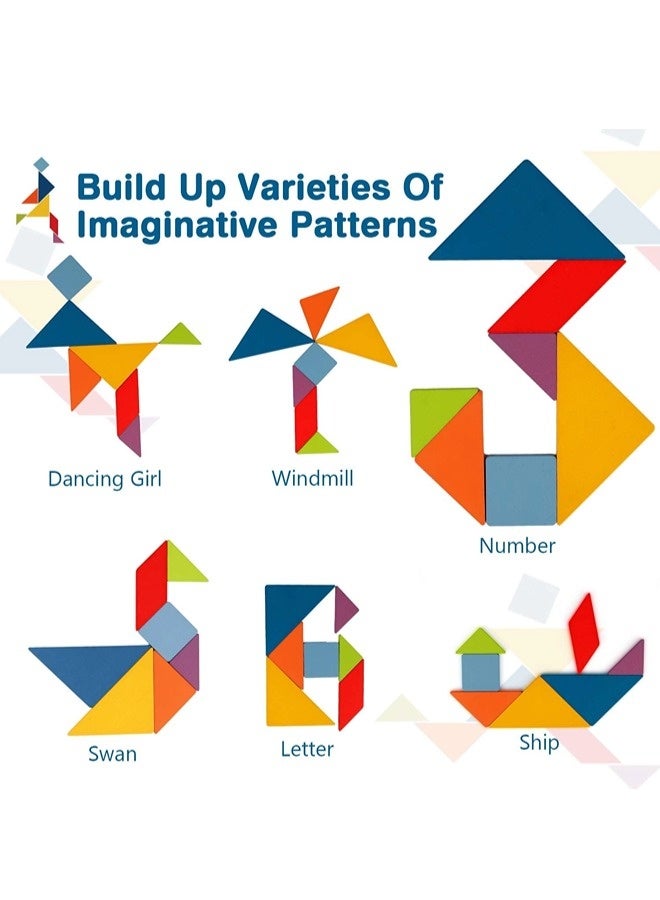 ShebSheb أطقم تانغرام الخشبية، كتل الأنماط، بطاقات الأشكال، ألغاز تحدي العقل، لعبة تعليمية، ألعاب سفر للأطفال من عمر 3 سنوات فما فوق، أساسيات الرحلات البرية - Image 5