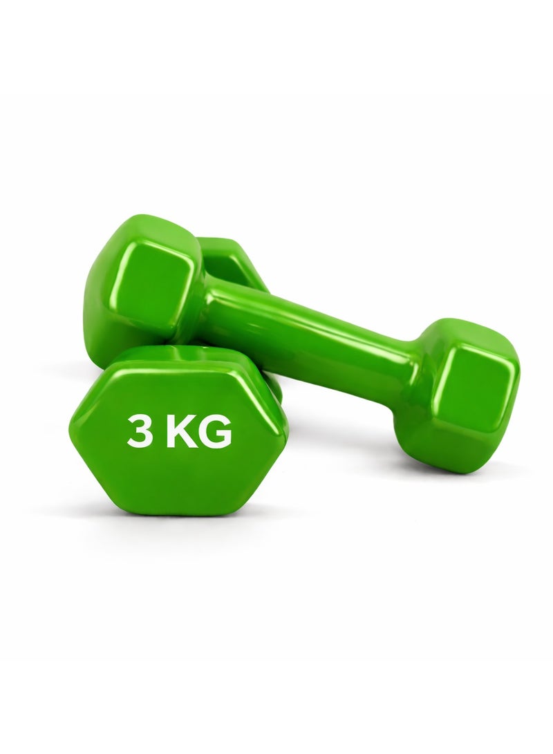 H PRO HM Sports Vinyl Dumbbell Pair 3kg Each | Green Set of 2 Hand Weights for Strength Training - Image 1