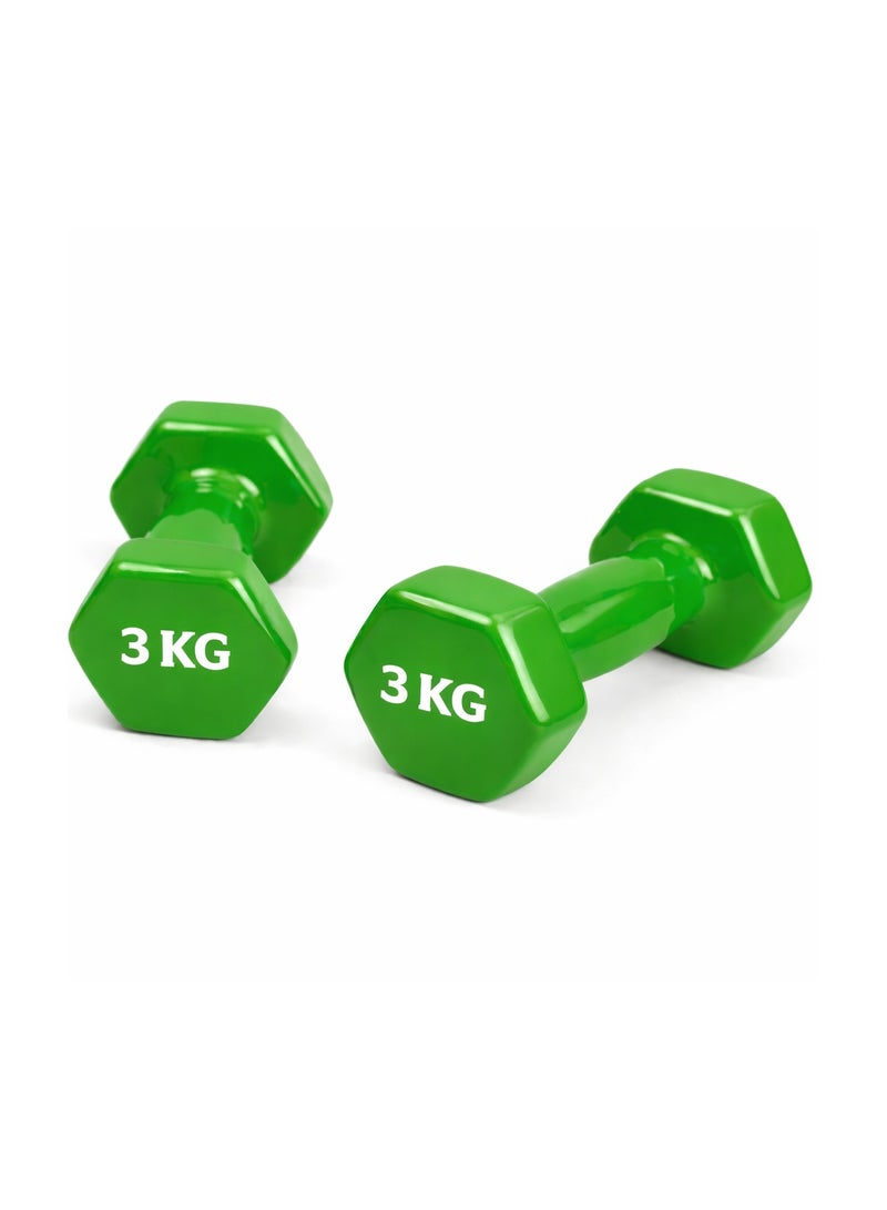 H PRO HM Sports Vinyl Dumbbell Pair 3kg Each | Green Set of 2 Hand Weights for Strength Training - Image 2