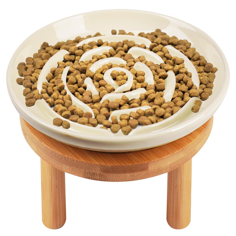 Lfpkixise Elevated Slow Feeder Cat Bowls, Ceramic Cat Slower Feeding Bowl with Bamboo Stand, 5.9 Inch Wide Shallow Cats Bowls Whisker Friendly, Anti Vomiting Cats Slow Feeder for Dry or Wet Food Dishwasher Safe - Image 1