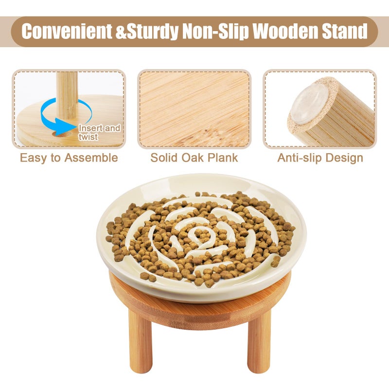 Lfpkixise Elevated Slow Feeder Cat Bowls, Ceramic Cat Slower Feeding Bowl with Bamboo Stand, 5.9 Inch Wide Shallow Cats Bowls Whisker Friendly, Anti Vomiting Cats Slow Feeder for Dry or Wet Food Dishwasher Safe - Image 3