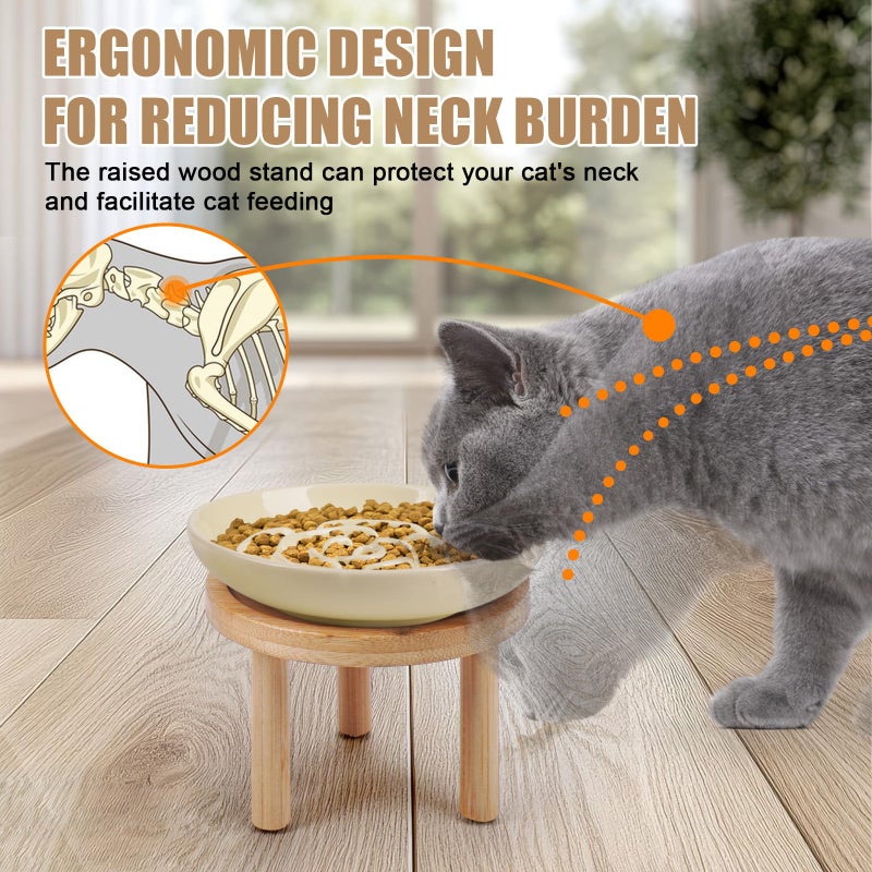 Lfpkixise Elevated Slow Feeder Cat Bowls, Ceramic Cat Slower Feeding Bowl with Bamboo Stand, 5.9 Inch Wide Shallow Cats Bowls Whisker Friendly, Anti Vomiting Cats Slow Feeder for Dry or Wet Food Dishwasher Safe - Image 2