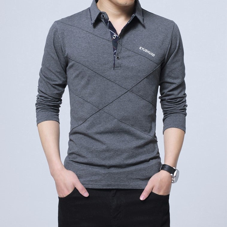 Korean Style Slim T-Shirt For Men 2025 Spring And Autum New Casual Men'S Large Size T-Shirt Lapel Men'S Long-Sleeved T-Shirt - Image 1