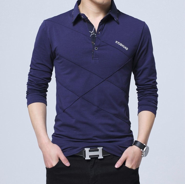 Korean Style Slim T-Shirt For Men 2025 Spring And Autum New Casual Men'S Large Size T-Shirt Lapel Men'S Long-Sleeved T-Shirt - Image 4