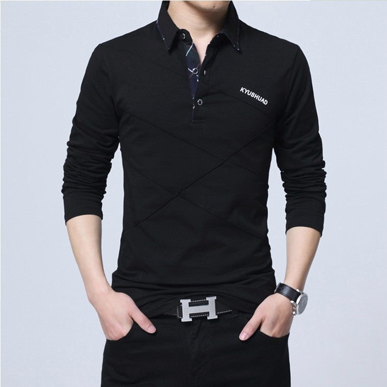 Korean Style Slim T-Shirt For Men 2025 Spring And Autum New Casual Men'S Large Size T-Shirt Lapel Men'S Long-Sleeved T-Shirt - Image 2