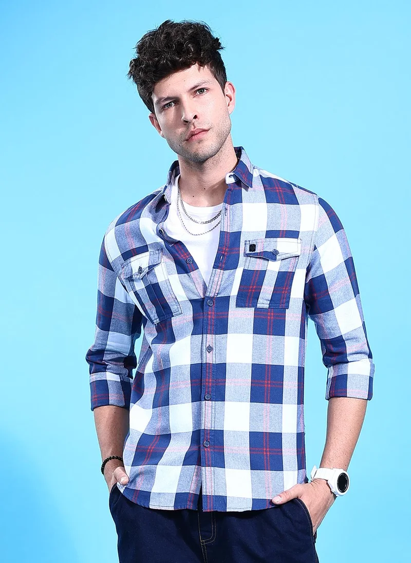 Men Regular Fit Checkered Full Sleeves Cutaway Collar Double Flap Pocket Street Wear Over Shirt