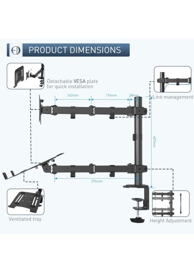 KYD - Laptop Monitor Mount Stand Height Adjustable Desk Mount Monitor Arm with Laptop Tray Dual Monitor Desk Holder, Computer Stands - Image 1
