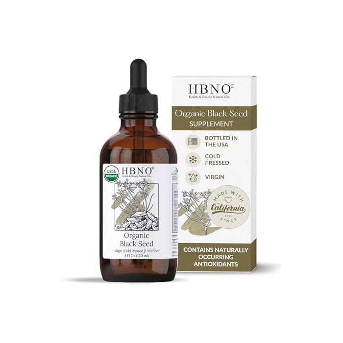 HBNO Organic Black Seed Oil - Huge 4oz (120ml) Glass Bottle Value Size - USDA Certified Organic Black Seed Oil, Cold Pressed for Face, Body, Lips, Shampoo & Conditioner