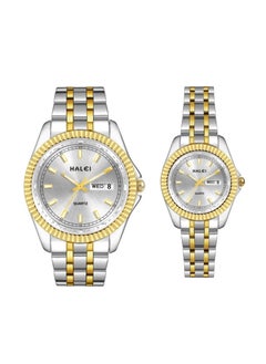 HALEI HALEI Luxury Couple Watches Gold-Silver Tone Stainless Steel Quartz Calendar Wristwatch Rhinestone His and Her Watch Set  - Image 1