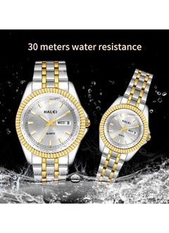 HALEI HALEI Luxury Couple Watches Gold-Silver Tone Stainless Steel Quartz Calendar Wristwatch Rhinestone His and Her Watch Set  - Image 2