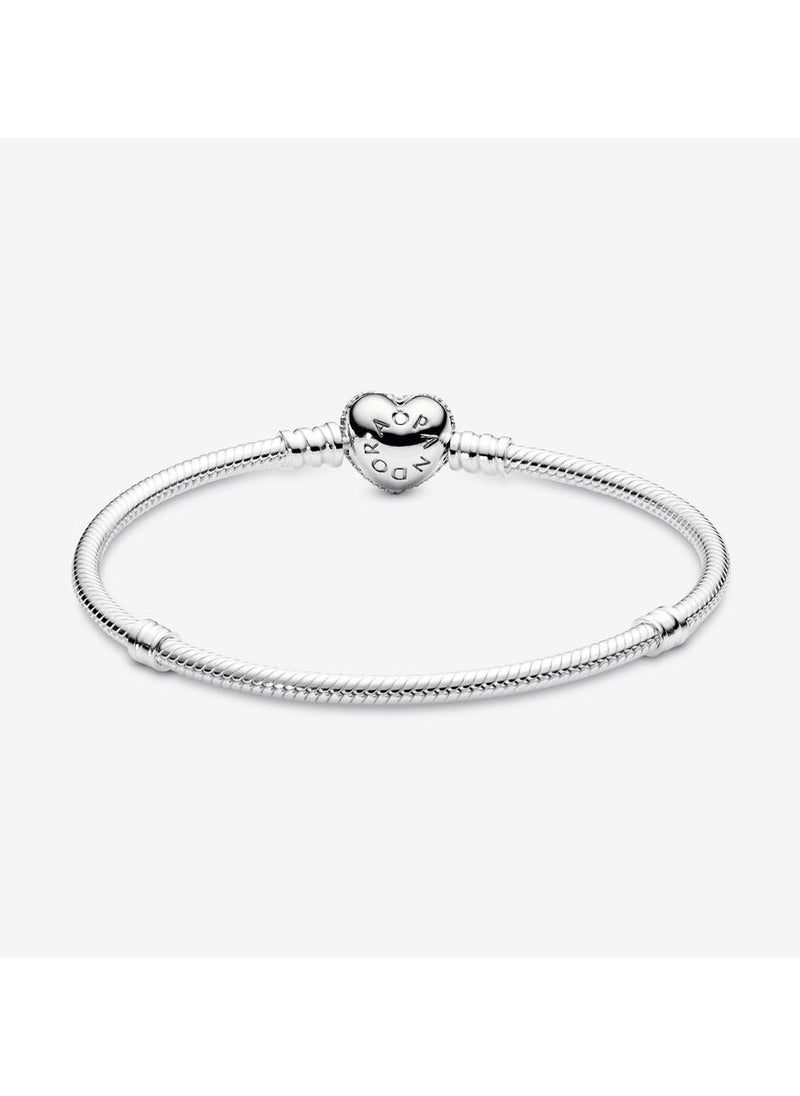 PANDORA - Silver bracelet with heart-shaped clasp and cubic zirconia, Size 17 - Image 1
