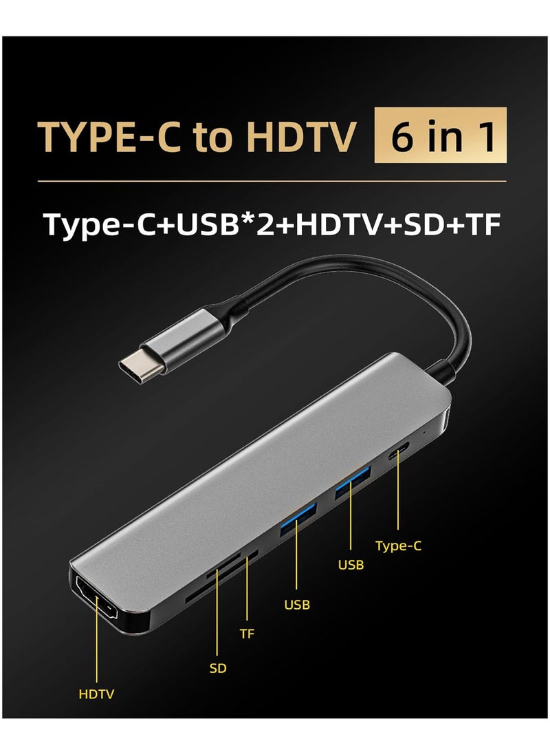 Generic - USB C Hub Adapter (6in1) HDMI TF SD Card Reader Type C Charger Port Dual USB Docking Station Thunderbolt Splitter Monitor Mouse Dongle for Apple iPhone15 Pro Max for iPad Macbook Multiport Accessories - Image 1
