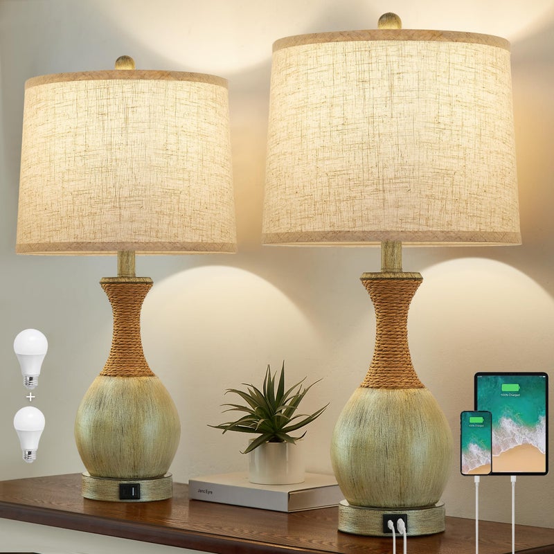 EJIAXIN Bedside Table Lamp Set of 2 Bedroom Table Lamps with Adjustable Color Temperatures Boho Rattan Lamps with USB AC Charging Ports Grey Farmhouse Living Room Lamps for Reading Bulbs Included - Image 2