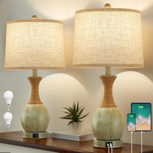 EJIAXIN Bedside Table Lamp Set of 2 Bedroom Table Lamps with Adjustable Color Temperatures Boho Rattan Lamps with USB AC Charging Ports Grey Farmhouse Living Room Lamps for Reading Bulbs Included - Image 1