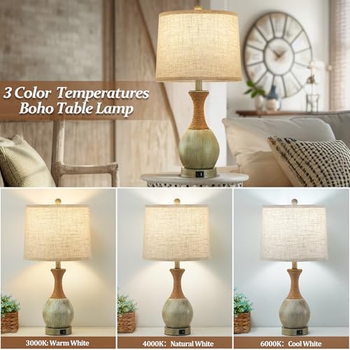 EJIAXIN Bedside Table Lamp Set of 2 Bedroom Table Lamps with Adjustable Color Temperatures Boho Rattan Lamps with USB AC Charging Ports Grey Farmhouse Living Room Lamps for Reading Bulbs Included - Image 3