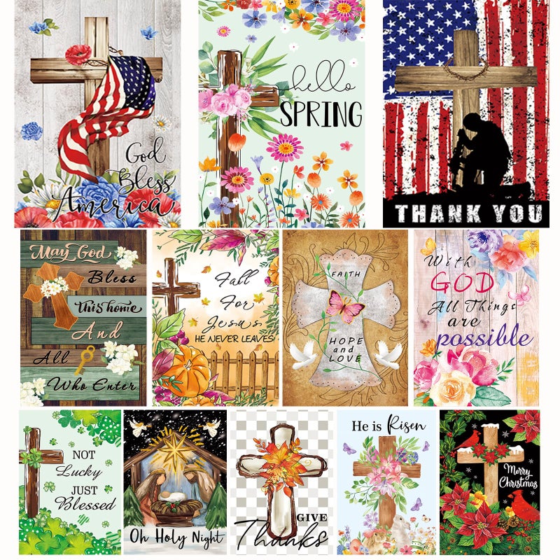 CDLong Christian Seasonal Garden Flags Set of 12 Double Sided 12 x 18 Inch Cross Yard Flags, Small Flags for Outside, Fall Winter Easter Christmas Outdoor Flags, Holiday Garden Flags for All Seasons ï»¿ - Image 1