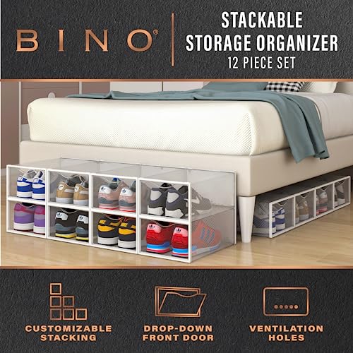 BINO 12-Pack Plastic Stackable Shoe Box Set - Clear | Foldable Shoe Storage Container | Sneaker Bins | Shoe Rack Box | Transparent | Portable Stacking Shoe Boxes Front Open - Image 2