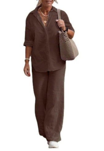 2023 Collared Shirt  Wide-Leg Pants Set for Women D.Brown