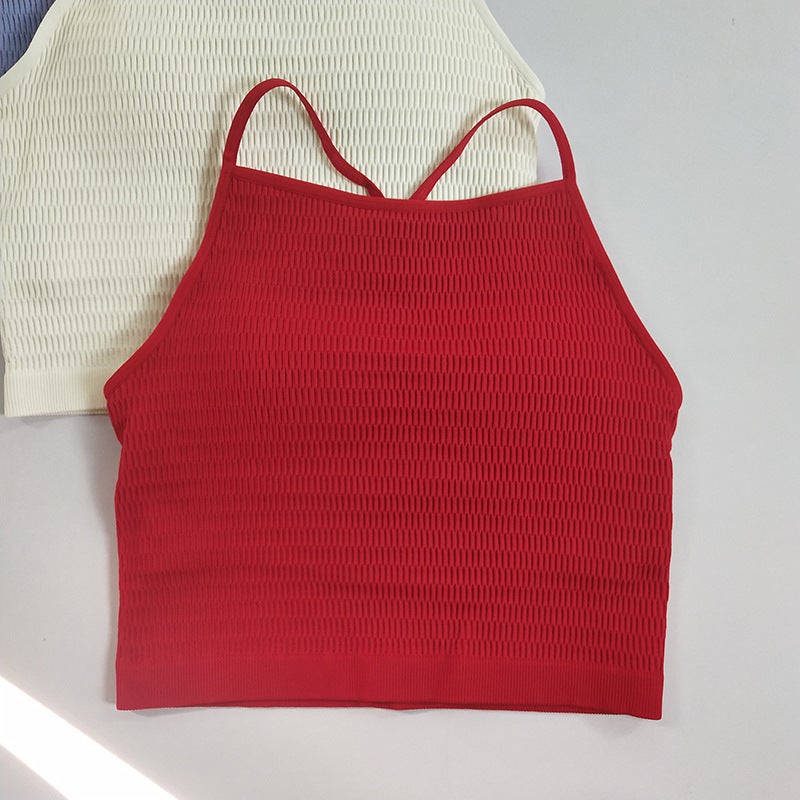 Generic Fixed Cup Series Thin Shoulder Strap Cleat Yoga Fitness Camisole Womens Fake Two-piece Beautiful Back Sports Outer Wear Bright red
