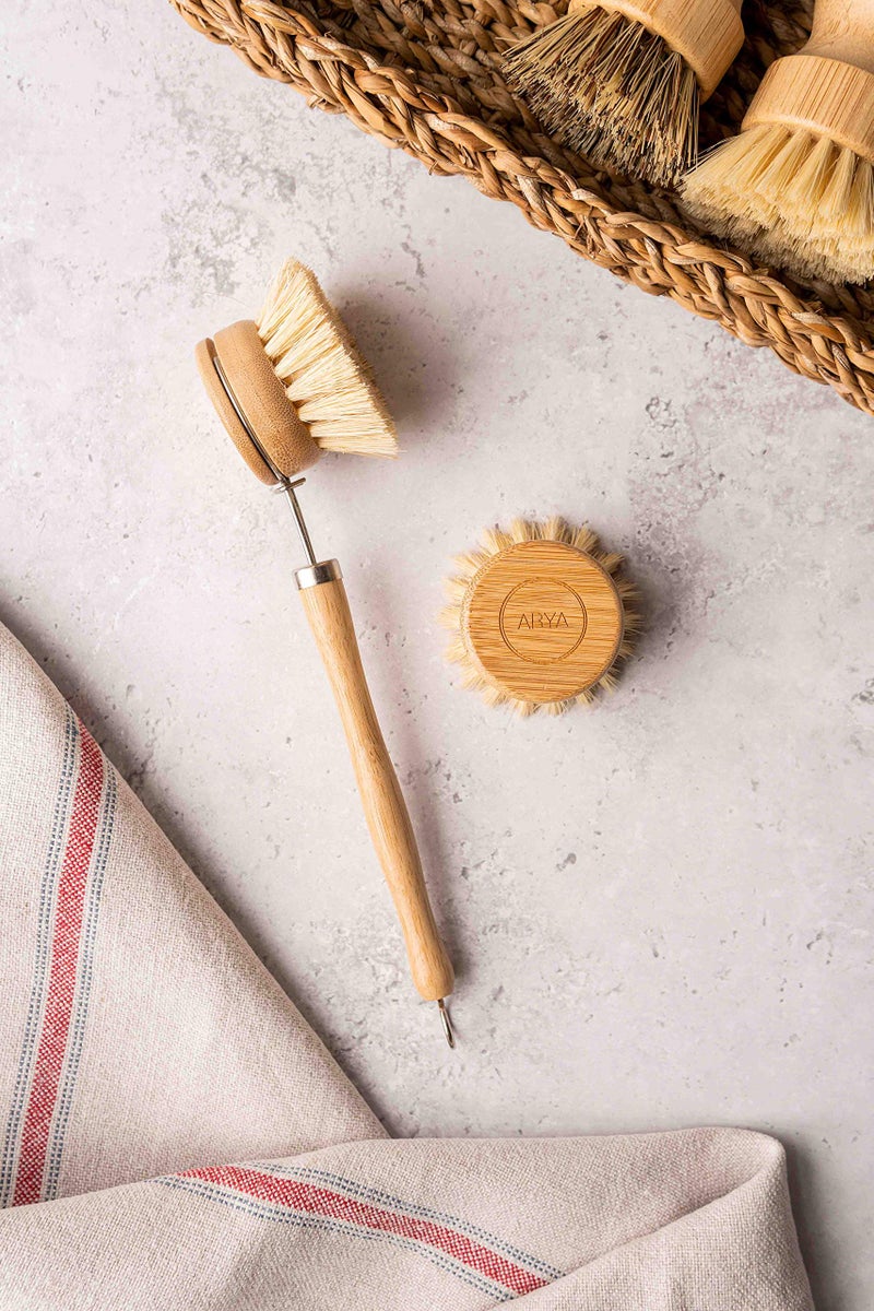 Aryaa ARYA. Wooden Dish Brush Set | 4 Kitchen Washing Up Brushes & One Replacement Head | Bamboo & Natural Fibers | Eco Friendly Wooden Pot Brush Scourer Scrubber Sponge Alternative - Image 3
