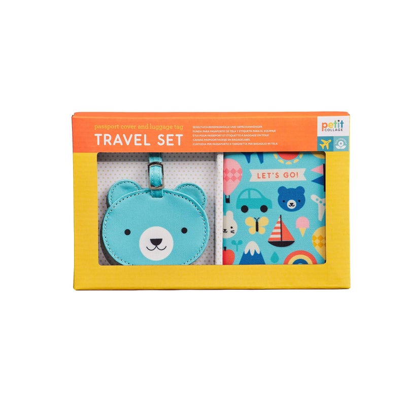 Petit Collage Petit Collage Luggage Tag and Passport Holder for Kids Blue Baby Travel Set Includes a Bear Luggage Tag and a StandardSized Kids Passport Cover
