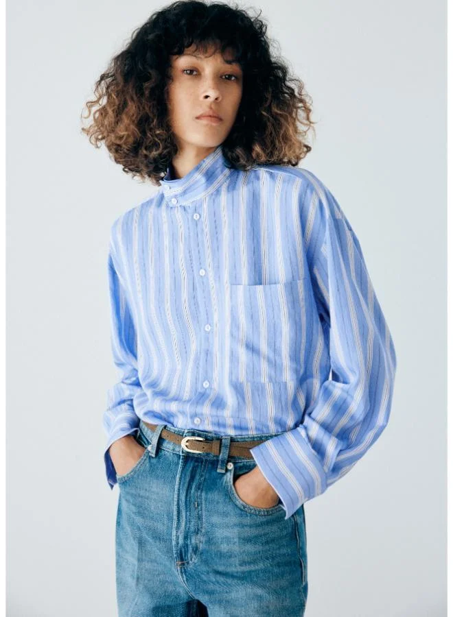Mango Striped Shirt With Stand-Up Collar