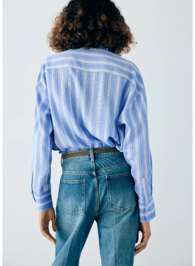 Mango Striped Shirt With Stand-Up Collar