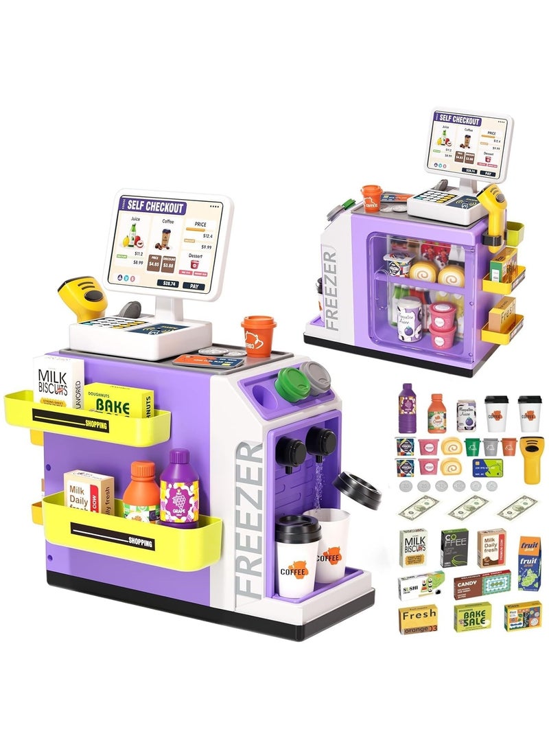 YelaJoy 46-Piece Pretend Play Cash Register Toy Set with Water Outlet Function - Calculator, Scanners, Credit Cards, Coffee Machine, Play Food - 3+Gift for Boys and Girls Ages (purple)  - Image 1