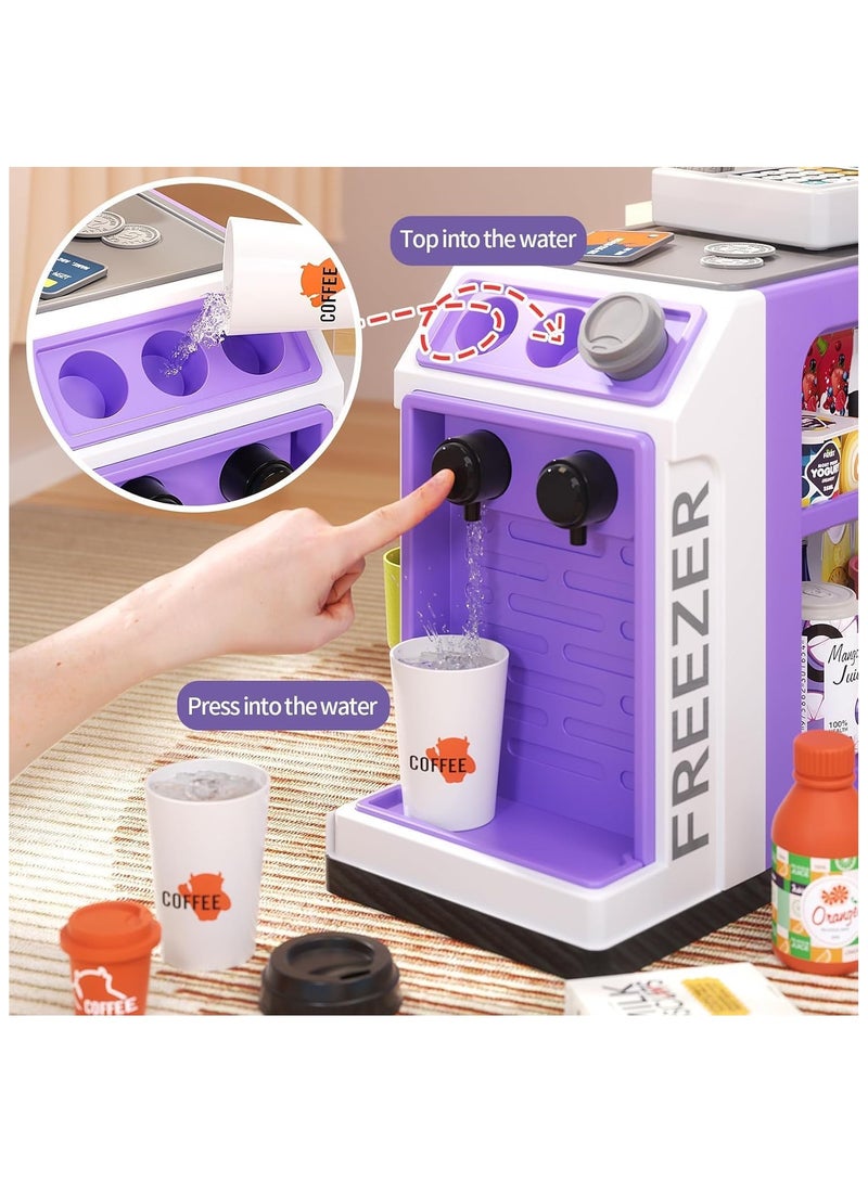 YelaJoy 46-Piece Pretend Play Cash Register Toy Set with Water Outlet Function - Calculator, Scanners, Credit Cards, Coffee Machine, Play Food - 3+Gift for Boys and Girls Ages (purple)  - Image 2