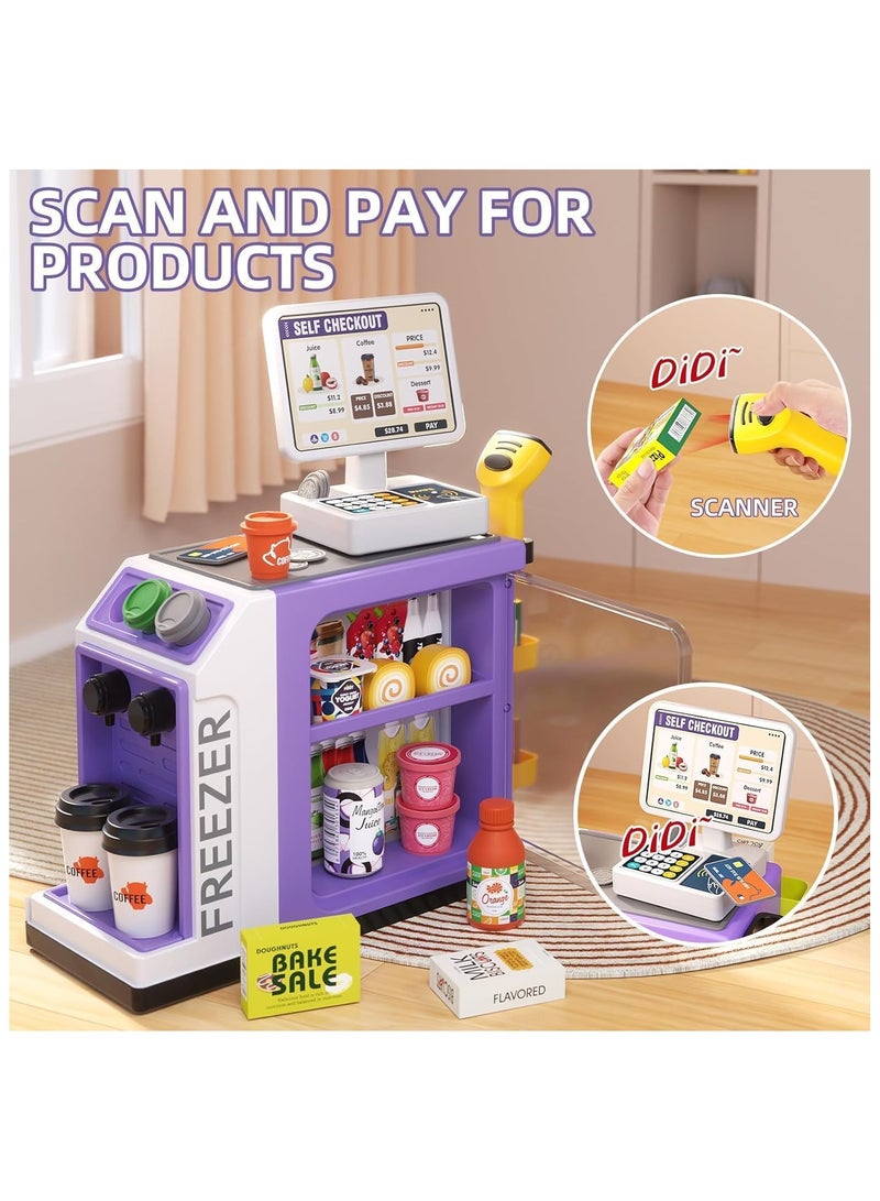 YelaJoy 46-Piece Pretend Play Cash Register Toy Set with Water Outlet Function - Calculator, Scanners, Credit Cards, Coffee Machine, Play Food - 3+Gift for Boys and Girls Ages (purple)  - Image 3