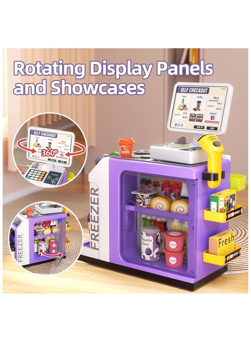 YelaJoy 46-Piece Pretend Play Cash Register Toy Set with Water Outlet Function - Calculator, Scanners, Credit Cards, Coffee Machine, Play Food - 3+Gift for Boys and Girls Ages (purple)  - Image 4