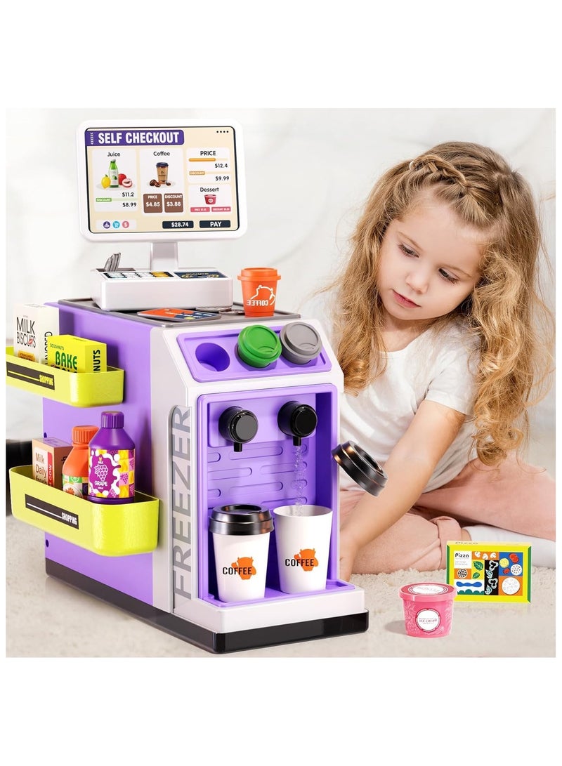 YelaJoy 46-Piece Pretend Play Cash Register Toy Set with Water Outlet Function - Calculator, Scanners, Credit Cards, Coffee Machine, Play Food - 3+Gift for Boys and Girls Ages (purple)  - Image 5