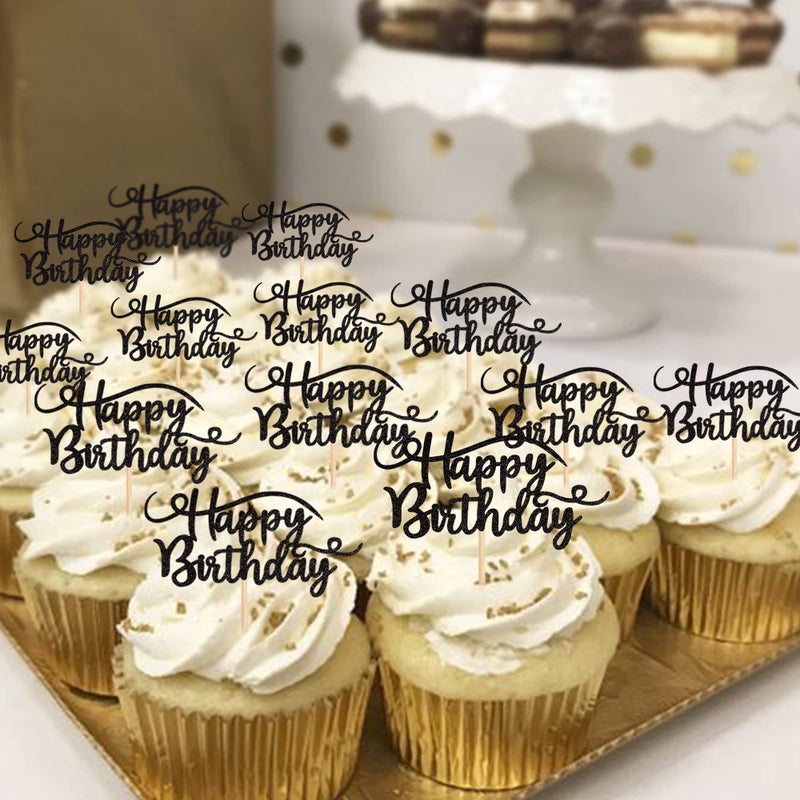 Rsstarxi 24 Pack Happy Birthday Cupcake Toppers Glitter Birthday Cupcake Food Picks for Celebrating Happy Birthday Party Cake Decorations Supplies Black - Image 5