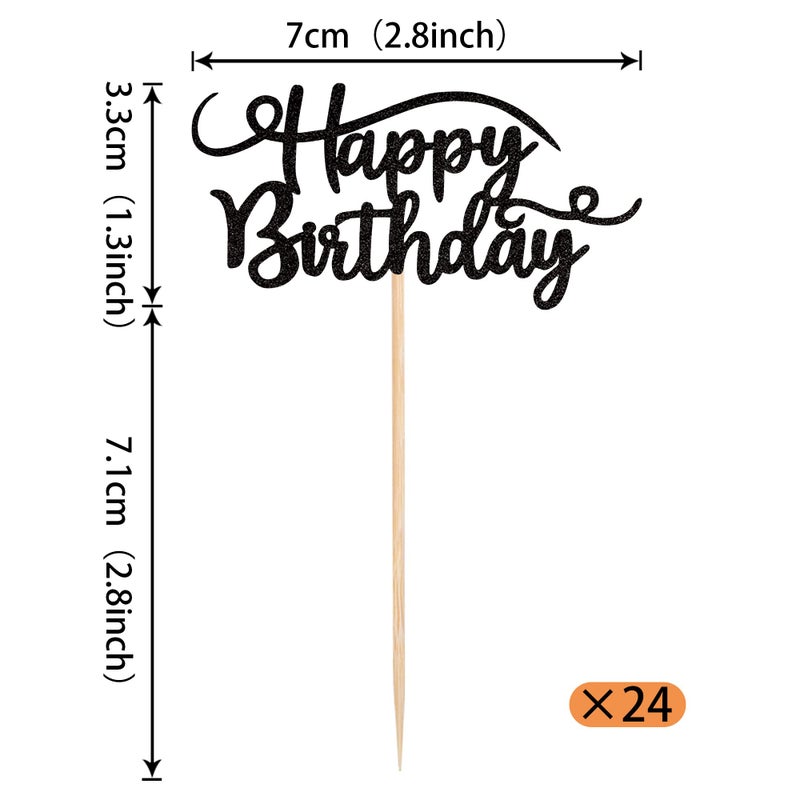 Rsstarxi 24 Pack Happy Birthday Cupcake Toppers Glitter Birthday Cupcake Food Picks for Celebrating Happy Birthday Party Cake Decorations Supplies Black - Image 2