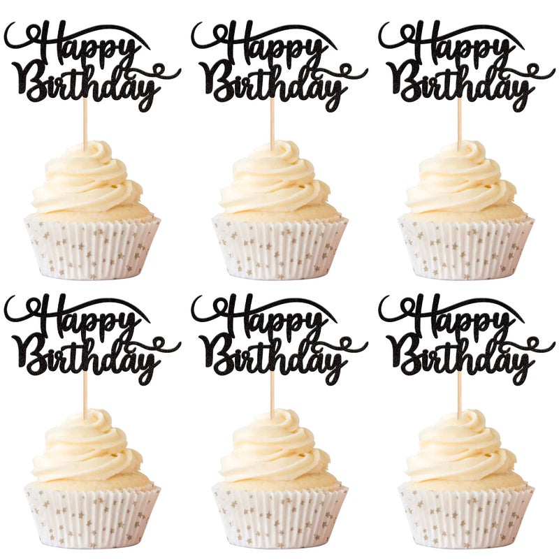 Rsstarxi 24 Pack Happy Birthday Cupcake Toppers Glitter Birthday Cupcake Food Picks for Celebrating Happy Birthday Party Cake Decorations Supplies Black - Image 1
